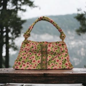 MaggiB Cloth Floral Ruched Purse Pink Green